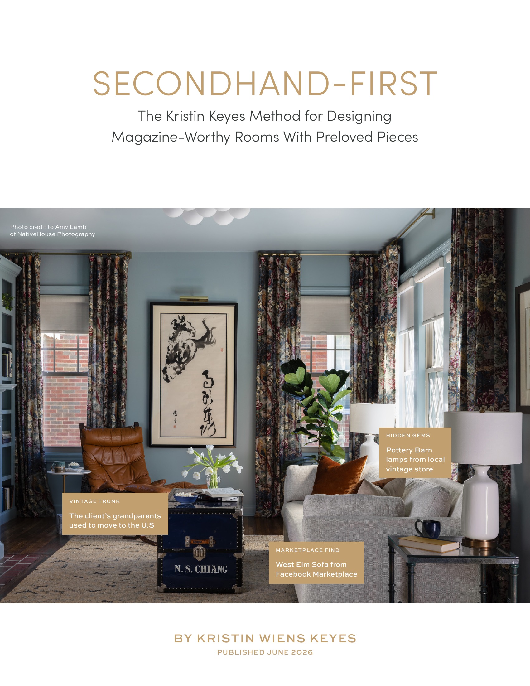 The cover of Secondhand-First: a blue living room with floral drapery, a vintage trunk coffee table, and callouts naming each secondhand find